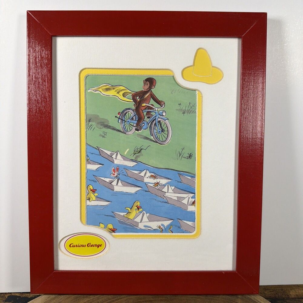 VTG 1997 Curious George Framed Art Bleu House Rides A Bike Yellow Hat Mat CG09
